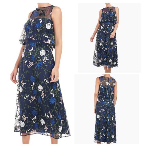 JS Collections Dresses & Skirts - JS Collections Amira Popover Tea Dress 2 XS Floral Embroidered Midi Sequin Navy